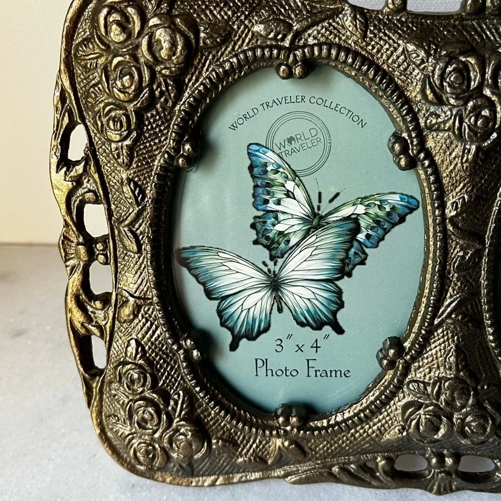 Gold ornate Double Photo Frame metal or brass for 3”x4” photo